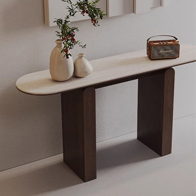 Console ovale en pierre blanche avec bois massif