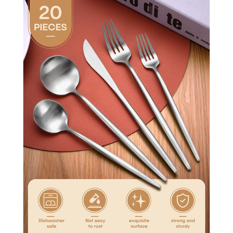 Ensemble de couverts 20 pièces en acier inoxydable pour 4, argenterie ergonomique avec couteaux, fourchettes et cuillères, va au lave-vaisselle pour la maison, la cuisine, le restaurant et l'hôtel