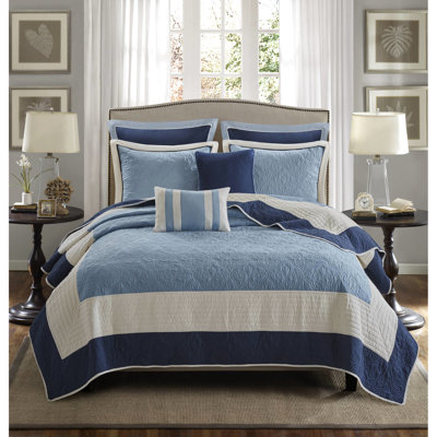 Courtepointe réversible double / grand 7 pièces avec taies décoratives européennes - Bleu marine, bordure de couleur unie, rembourrage et coussins décoratifs de style traditionnel, microfibre