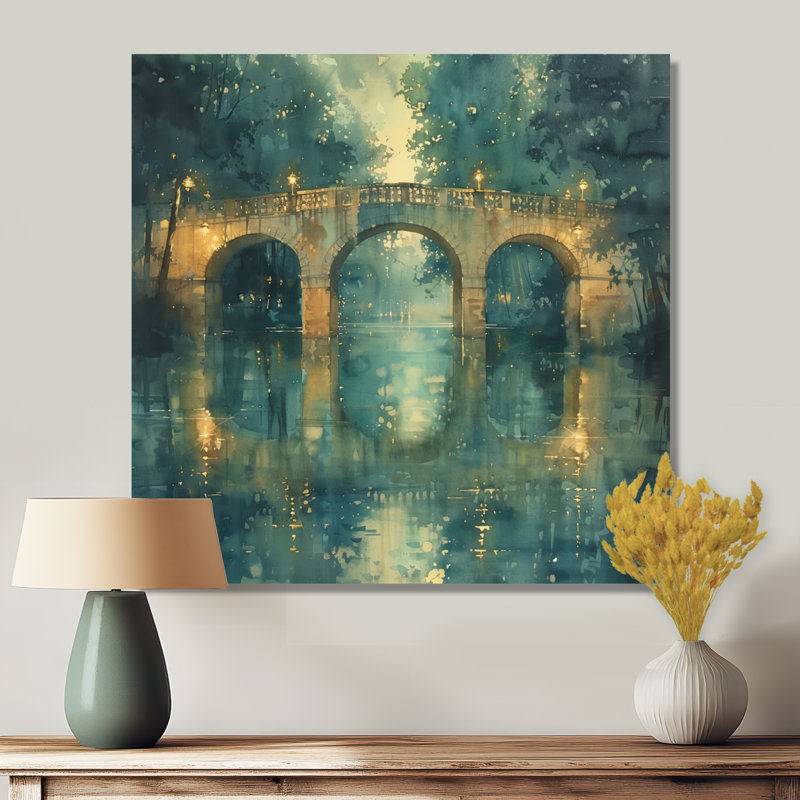 «Beige Green River Reflections Park Bridge II», reproduction d'art mural, Toile tendue, H 16 po x l 16 po x P 1 po