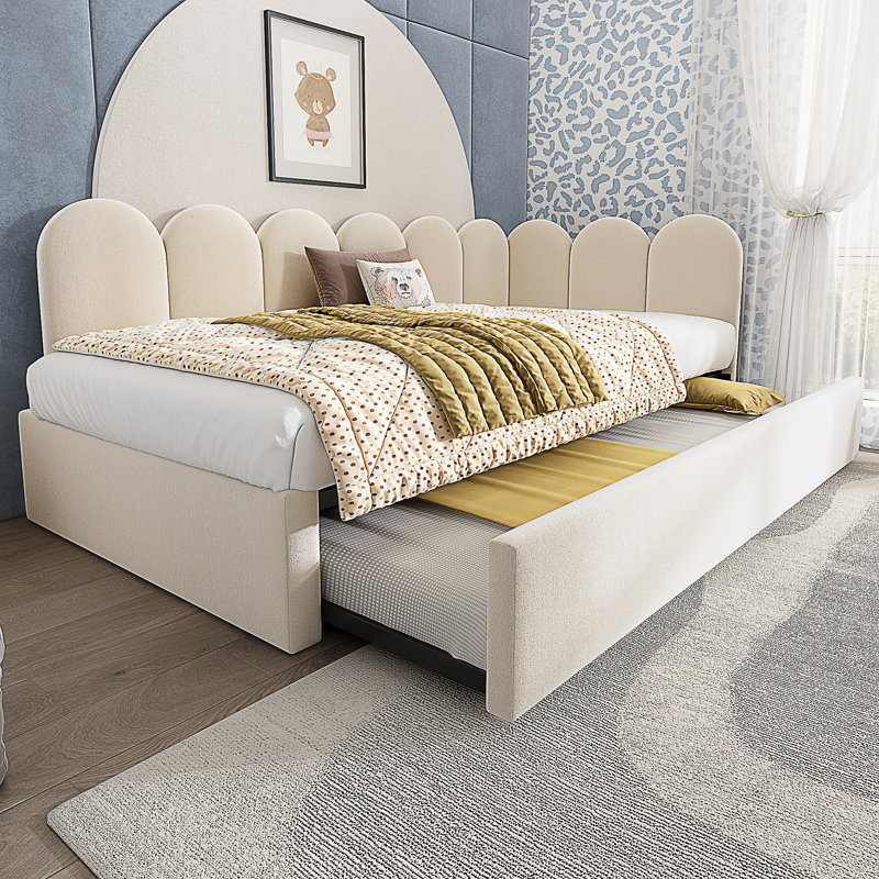 Upholstered Bed Daybed With Pull-Out Bed, Twin Size Single Sofa Bed, Beige