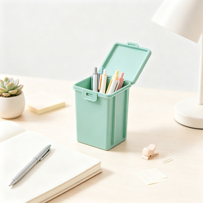 Sac à dos en polyester couleur macaron, boîte de rangement rectangulaire en plastique avec couvercle, petit organisateur de bureau portatif pour stylos, loisirs créatifs et fournitures de bureau.