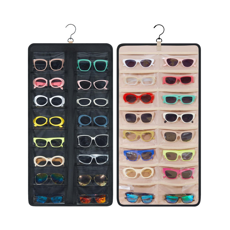 Étui de rangement à l'épreuve de la poussière pour lunettes de soleil à fixation murale, étui à lunettes de voyage double face, porte-lunettes avec 32 fentes transparentes et crochet en métal, noir