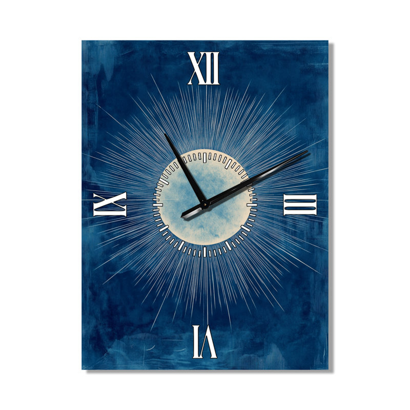 Rayons de soleil en bleu de Prusse II - Grande horloge murale de style milieu du siècle, H 32 po x l 24 po - Rectangle
