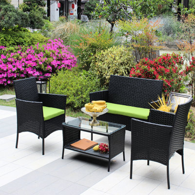 Mobilier de patio extérieur: 4 pièces avec coussins et fauteuils + mobilier de table: Coussins en verre trempé noir