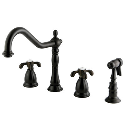 Kingston Brass French Country Double-Handle 4-Hole Widespread Kitchen Faucet with Brass Sprayer