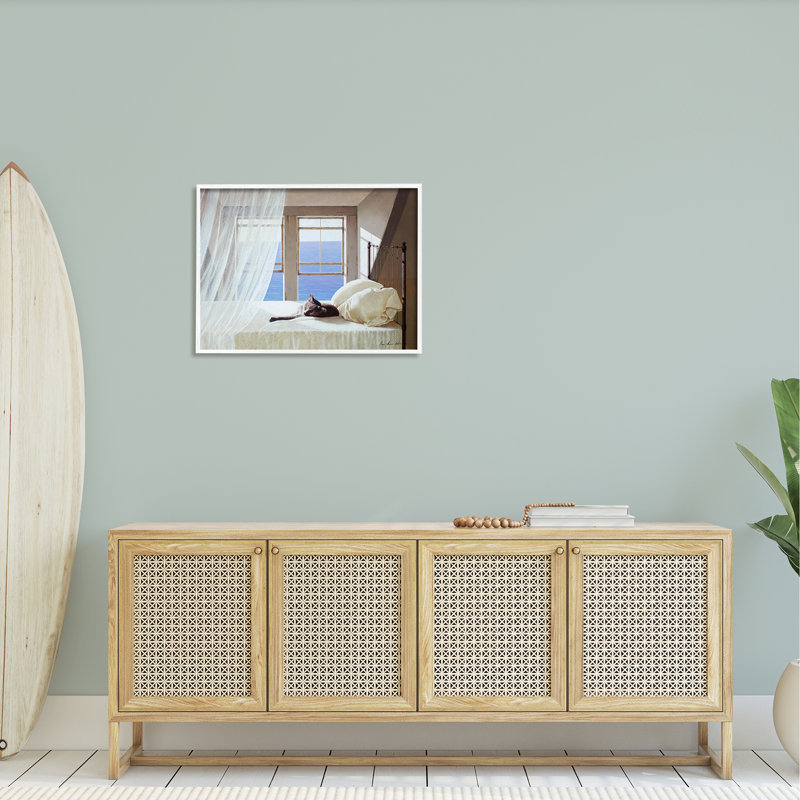 Chat reposant sur un lit de bord de mer blanc, art nautique sur toile par Zhen-Huan Lu, H 24 po x l 30 po