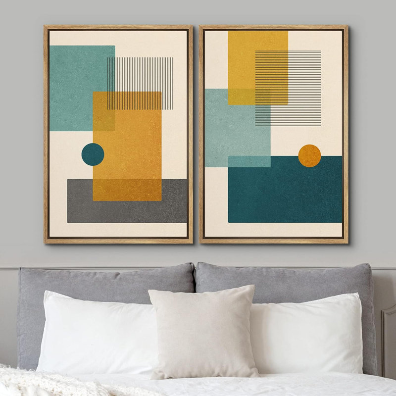 Abstrait, blocs de couleurs vibrantes, sarcelle et jaune, formes abstraites, moderne et chic sur toile, 2 pièces