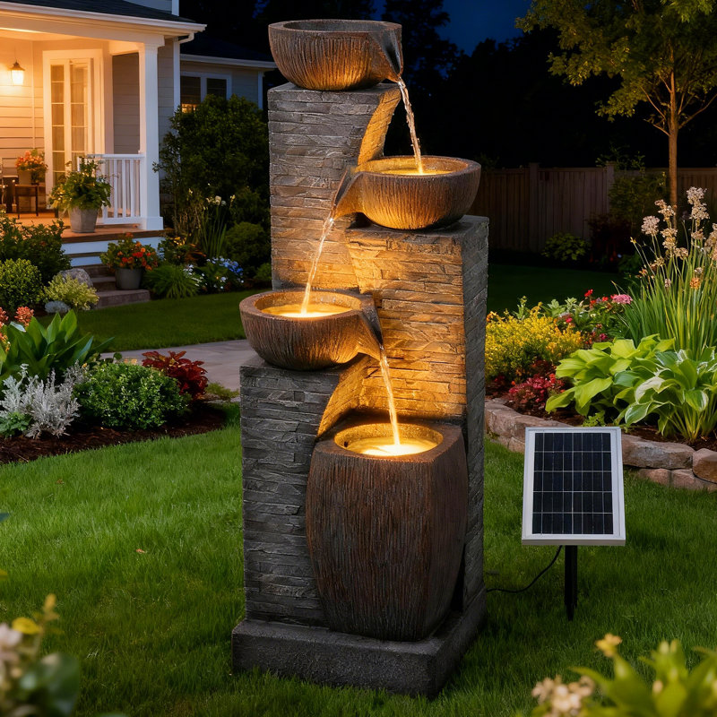 38.2" Tall Solar Water Fountain Outdoor Garden,4 Tiers Modern Cascading Bowls And Stacked Stones Solar Powered Fountains With Led Lights For Garden, Patio, Deck, Porch, Backyard, Lawns