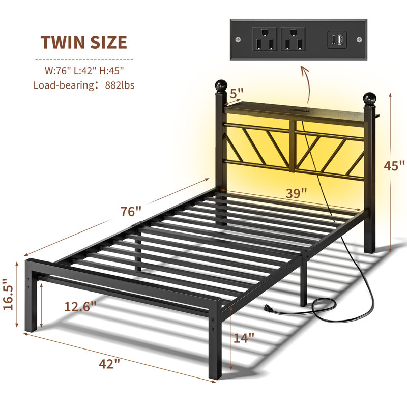 Metal Bed Frame With Led Lights And Charging Station, Bed Frame With Headboard And Footboard With Storage Shelves And Under Bed Storage, Noise Free