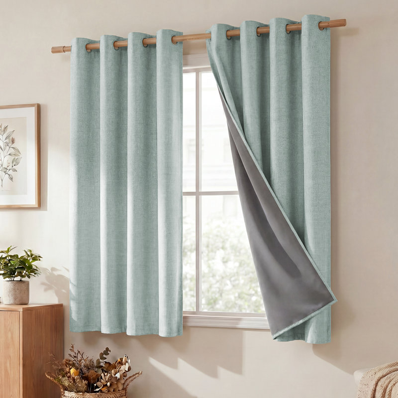 100% Blackout Short Curtains 63 inches Lenghth Burg for Kitchen, Burlap Linen Drapes with Thermal Insulated Grey Liner, Keeping Out Cold Air and Heat Panels, 2 Panels