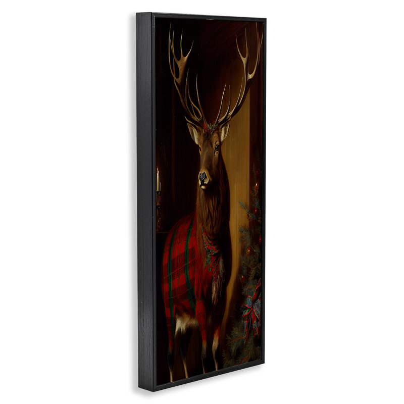 Giclée encadrée de cerf à motif festif, design par Sasha, H 30 po x l 13 po, Giclée encadrée noir minuit