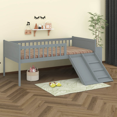 Lit mezzanine bas avec glissade et tablette de rangement, lits mezzanine en bois avec échelle, lit plateforme haut avec garde-corps et espace de rangement sous le lit
