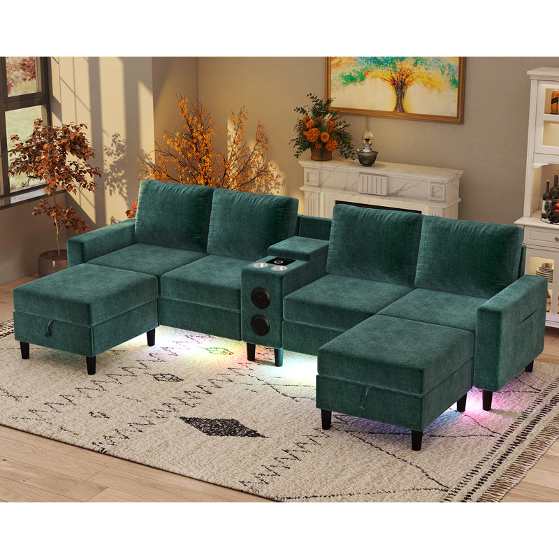 6 Seat U Shaped Chenille Sectional Sofa With Smart Module-Bluetooth Speaker/Rgb Light/Charging Station, Green