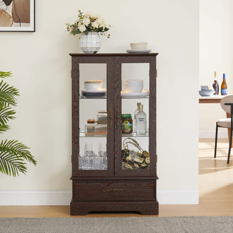 Armoire vitrée éclairée avec porte-bouteilles vitrée avec tablettes réglables en verre, 2 portes et 1 tiroir