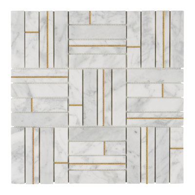 Gold Inlay White Carrara Basketweave Mosaic Tile Backsplash