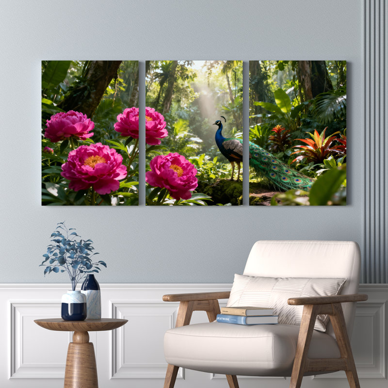 Ensemble de 3 toiles murales représentant un paon et des fleurs roses dans une jungle tropicale, H 24 po x l 48 po