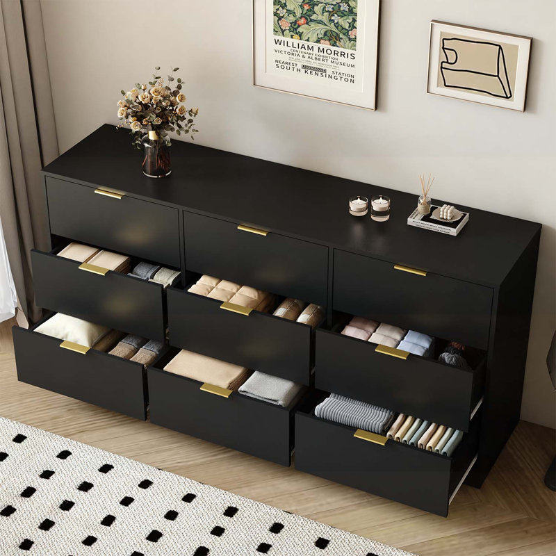 Armoire 9 tiroirs avec poignées dorées, rangement spacieux pour les chambres et les salons, Noir