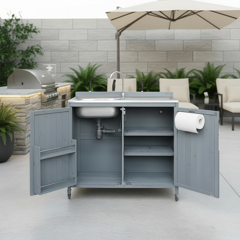 Gray-Blue Outdoor Kitchen Sink Cabinet, 304 Stainless Steel, With Flexible Hose Connector, Splash Guard, Caster Wheels, Pizza Preparation Countertop.