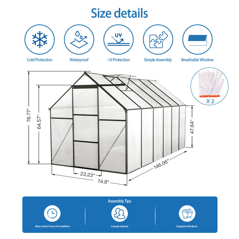 Serre toutes saisons 6 pi x 12 pi - Polycarbonate avec cadre robuste et système de drainage pour la base extérieure galvanisée