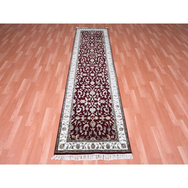 Tapis de couloir rouge bourgogne 2 pi 7 po x 10 pi, épais et moelleux, en laine et en soie, noué à la main, Rajasthan, tapis oriental 77E5CFCA3F8C427AAFAB37A603F93597