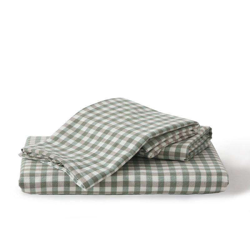 Duvet Cover Set 100% Washed Cotton Soft Bedding in Gingham Check, Full Duvet Cover + 2 Standard Pillowcases, Green