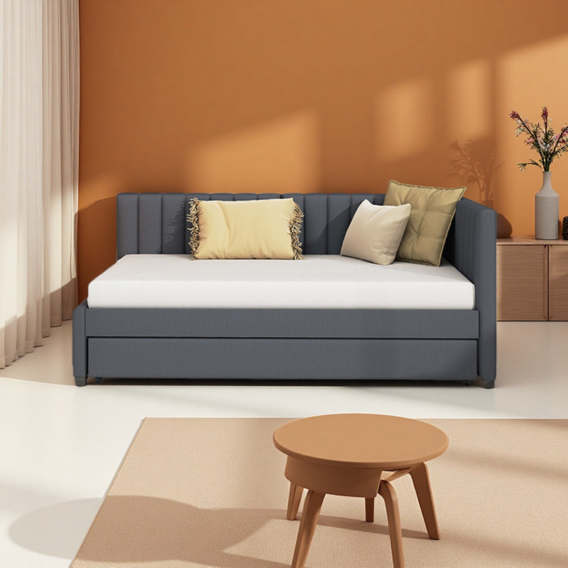 Upholstered Daybed With Trundle Twin Size Sofa Bed Frame No Box Spring Needed, Gray