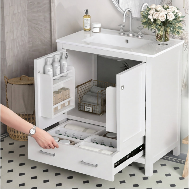 Meuble-lavabo blanc de 76 cm (30 po) avec lavabo encastré en céramique, structure en bois massif, portes et tiroir à fermeture amortie