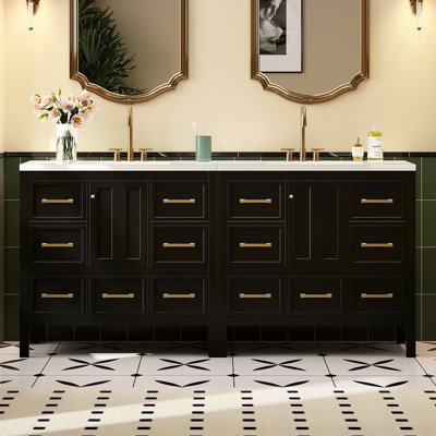 Ensemble de meuble-lavabo 72 po avec lavabo en résine, armoire de rangement en bois massif, ensemble de meuble-lavabo autoportant avec 5 tiroirs et portes à fermeture douce