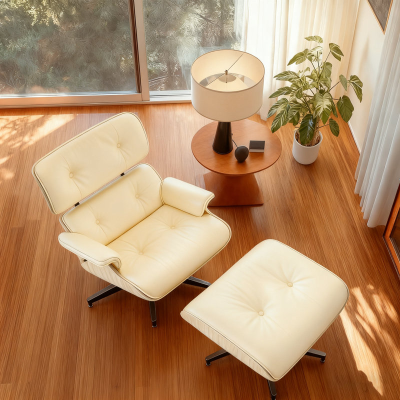 Top Grain Leather Swivel Lounge Chair And Ottoman With Armrest, Beige Top Grain Leather, Warm Walnut