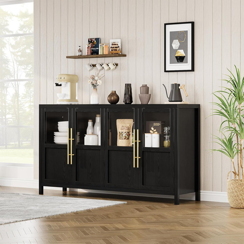 55" Sideboard Buffet Cabinet with 4 Glass Doors, Modern Farmhouse Storage Cabinet Table for Kitchen Dining Room, Living Room