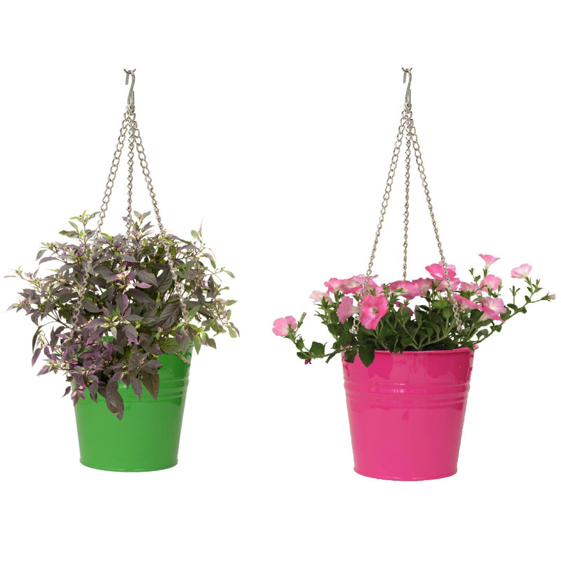 Ensemble de 2 pots suspendus en émail, Vert pomme / rose vif