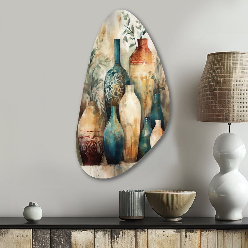 Green And Orange Artisanal Boho Pottery I - Boho Pottery Unique Shape Metal Print Wall Art, Green Asymmetrical Metal Wall Decor