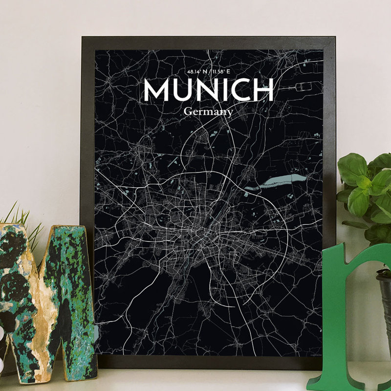 Munich City Map - No Frame Print, 43.2cm H x 27.9cm x 0.13cm D, Black/Blue