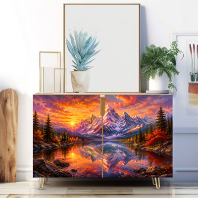 Narrow 35.4'' Wide Sideboard Buffet Cabinet - 2-Door Accent Storage Cabinet With Majestic Mountain Landscape Sunset Reflection Calm Lake Print And Metal Legs