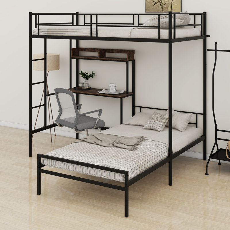 Sturdy Metal L-Shaped Bunk Bed With Integrated Desk, Charging Station, Storage Shelves And Safety Guardrail