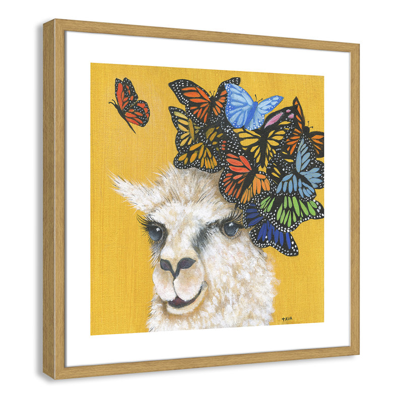 Art sur toile llama, H 23,5 po x l 23,5 po x P 1,18 po, Cadre en chêne