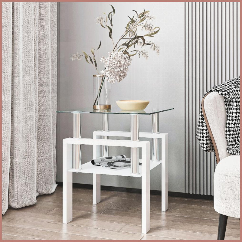 Table basse en verre trempé transparent à 2 couches pour le salon - facile à nettoyer, peu encombrante avec rangement, Clair