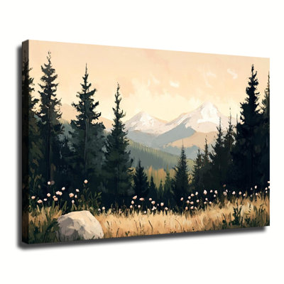 Tableau à l'huile vintage représentant une prairie enneigée en forêt, grande toile tendue sur châssis, idéale pour le salon ou la chambre.