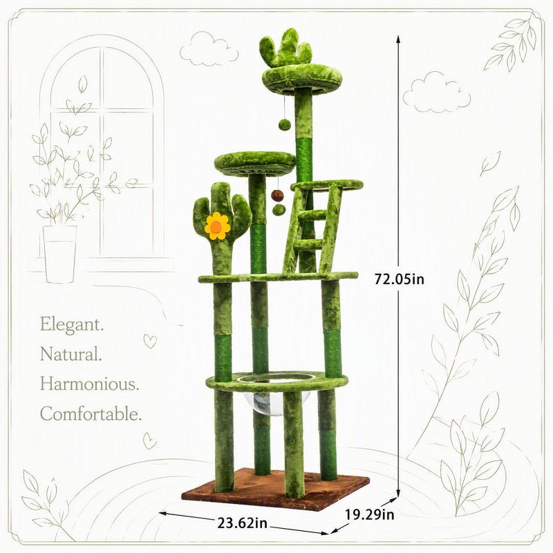 Arbre à chat 72 po avec capsule transparente, poteaux en sisal, perchoirs moelleux et jouets interactifs pour chats d'intérieur de toutes tailles