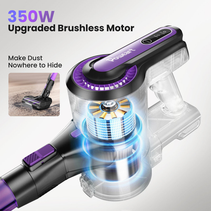 POWEART V870 Purple Cordless Vacuum, 30KPa Suction, 350W Motor, 8-in-1 Cleaner, Purple