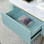 Console Shabby Chic en bleu sarcelle avec façade en faux marbre blanc et tablettes ouvertes