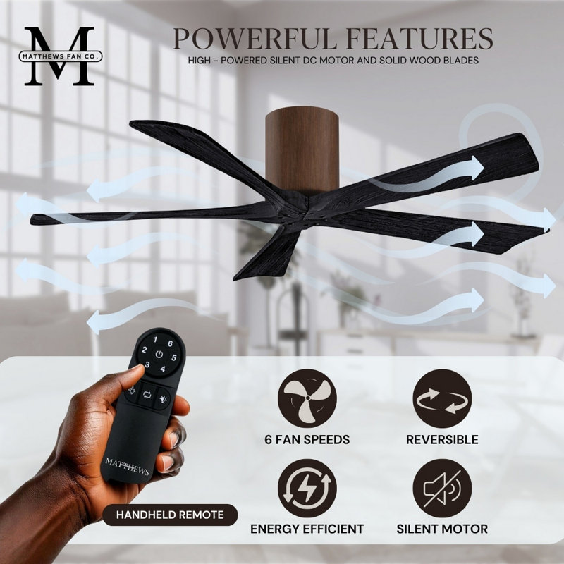 60" Irene 5-Blade Hugger Ceiling Fan with Wall Remote, Walnut, Matte Black, 52"