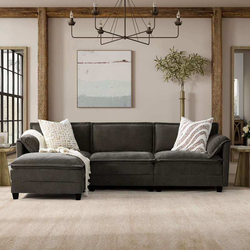 108" W Modern Sectional with Ottoman, Dark Gray Polyester