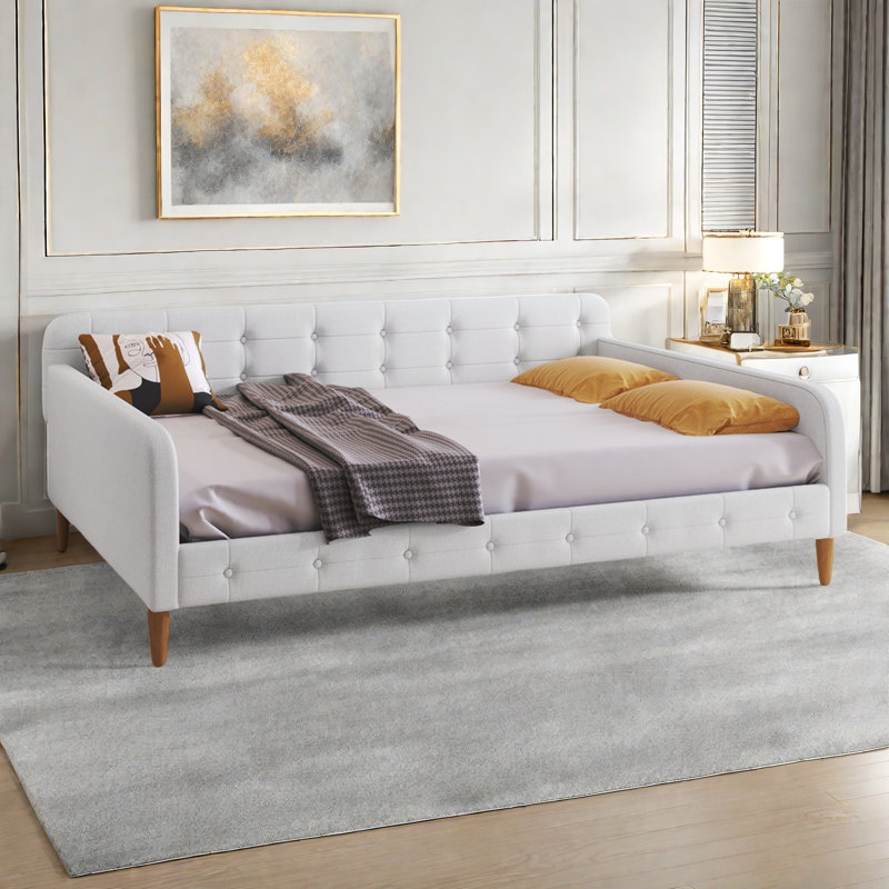 Modern Upholstered Daybed With 4 Support Legs And Button Tufted Design, Beige, Full/Double