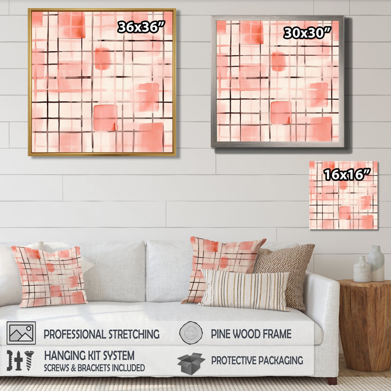 Grille rose et blanche IV - Tableau abstrait moderne de transition encadré, H 36 po x l 36 po, Gold Picture Framed