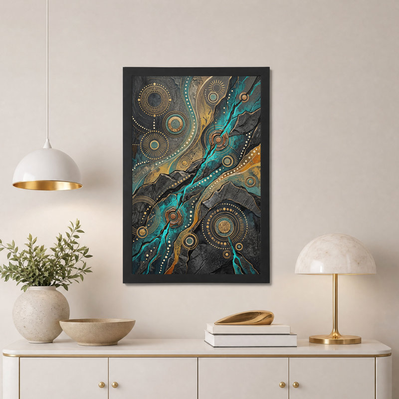 Tableau sur toile à motif de cercles abstraits turquoise et or, 30"H x 20"W