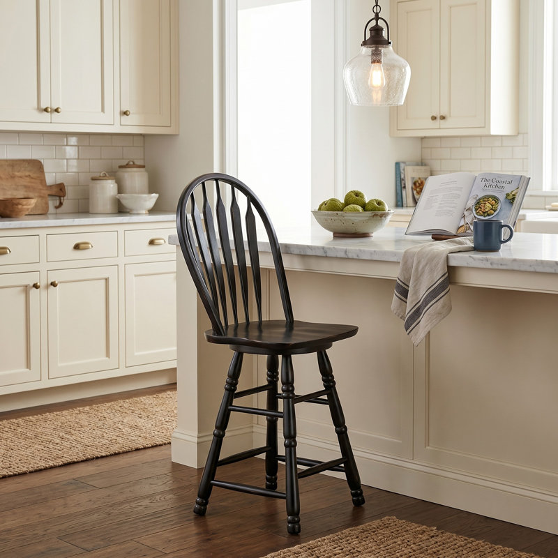 Azizi Swivel Solid Wood Counter Stool with Solid Wood Frame, Antique Black