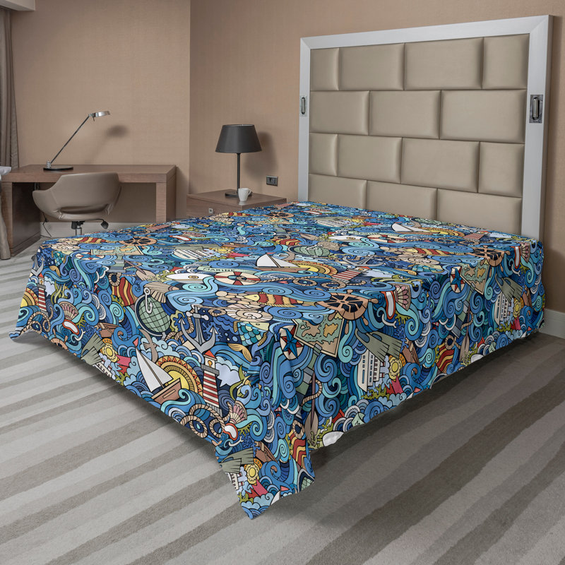 Ambesonne Colorful Top Flat Sheet Abstract Sea Shells Blue Multicolor, California King