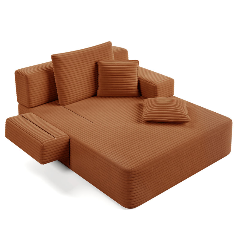 Luxueuse chaise longue en velours côtelé moelleux avec 3 coussins, canapé-lit convertible avec poche de rangement, conception sans cadre et mousse de compression pour les petits espaces, salon, appartement